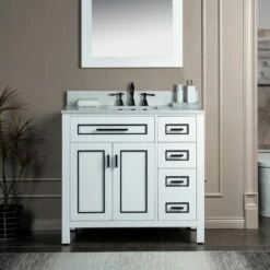 WOODBRIDGE Milan 37" Floor Mounted Single Basin Vanity Set With Solid Wood Cabinet In White And Engineered Stone Composite Vanity Top In Carrara White With Pre-installed Undermount Rectangle Bathroom Sink In White And Pre-Drilled 3-Hole For 8-inch Widesp