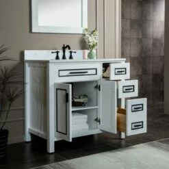 WOODBRIDGE Milan 37" Floor Mounted Single Basin Vanity Set With Solid Wood Cabinet In White And Engineered Stone Composite Vanity Top In Carrara White With Pre-installed Undermount Rectangle Bathroom Sink In White And Pre-Drilled 3-Hole For 8-inch Widesp -Woodbridgebath Shop 623ad66a2ecd6 thumb 600x600