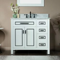 WOODBRIDGE Milan 37" Floor Mounted Single Basin Vanity Set With Solid Wood Cabinet In White, And Carrara White Marble Vanity Top With Pre-installed Undermount Rectangle Bathroom Sink In White, Pre-Drilled 3-Hole For 8-inch Widespread Faucet, Milan-3621R