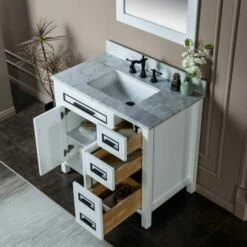 WOODBRIDGE Milan 37" Floor Mounted Single Basin Vanity Set With Solid Wood Cabinet In White, And Carrara White Marble Vanity Top With Pre-installed Undermount Rectangle Bathroom Sink In White, Pre-Drilled 3-Hole For 8-inch Widespread Faucet, Milan-3621R -Woodbridgebath Shop 623ad926650a6 thumb 600x600
