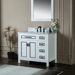 WOODBRIDGE Milan 37" Floor Mounted Single Basin Vanity Set With Solid Wood Cabinet In White, And Carrara White Marble Vanity Top With Pre-installed Undermount Rectangle Bathroom Sink In White, Pre-Drilled 3-Hole For 8-inch Widespread Faucet, Milan-3621R -Woodbridgebath Shop 623ad928add7b thumb 600x600