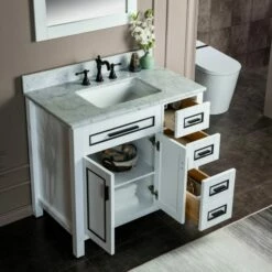 WOODBRIDGE Milan 37" Floor Mounted Single Basin Vanity Set With Solid Wood Cabinet In White, And Carrara White Marble Vanity Top With Pre-installed Undermount Rectangle Bathroom Sink In White, Pre-Drilled 3-Hole For 8-inch Widespread Faucet, Milan-3621R -Woodbridgebath Shop 623ad92a33a69 thumb 600x600