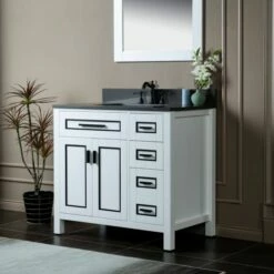 WOODBRIDGE Milan 37" Floor Mounted Single Basin Vanity Set With Solid Wood Cabinet In White And Engineered Stone Composite Vanity Top In Dark Gray With Pre-installed Undermount Rectangle Bathroom Sink In White And Pre-Drilled 3-Hole For 8-inch Widespread -Woodbridgebath Shop 623ada3934b5e thumb 600x600