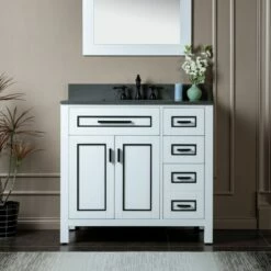 WOODBRIDGE Milan 37" Floor Mounted Single Basin Vanity Set With Solid Wood Cabinet In White And Engineered Stone Composite Vanity Top In Dark Gray With Pre-installed Undermount Rectangle Bathroom Sink In White And Pre-Drilled 3-Hole For 8-inch Widespread
