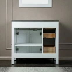 WOODBRIDGE Milan 37" Floor Mounted Single Basin Vanity Set With Solid Wood Cabinet In White And Engineered Stone Composite Vanity Top In Dark Gray With Pre-installed Undermount Rectangle Bathroom Sink In White And Pre-Drilled 3-Hole For 8-inch Widespread -Woodbridgebath Shop 623ada3fe6a16 thumb 600x600