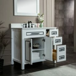 WOODBRIDGE Milan 37" Floor Mounted Single Basin Vanity Set With Solid Wood Cabinet In White And Engineered Stone Composite Vanity Top In Fish Belly White With Pre-installed Undermount Rectangle Bathroom Sink In White And Pre-Drilled 3-Hole For 8-inch Wid -Woodbridgebath Shop 623add59757ee thumb 600x600