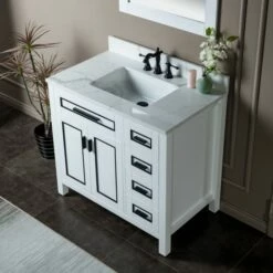 WOODBRIDGE Milan 37" Floor Mounted Single Basin Vanity Set With Solid Wood Cabinet In White And Engineered Stone Composite Vanity Top In Fish Belly White With Pre-installed Undermount Rectangle Bathroom Sink In White And Pre-Drilled 3-Hole For 8-inch Wid -Woodbridgebath Shop 623add5a2ccf0 thumb 600x600