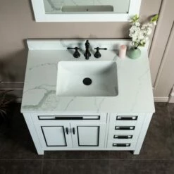 WOODBRIDGE Milan 37" Floor Mounted Single Basin Vanity Set With Solid Wood Cabinet In White And Engineered Stone Composite Vanity Top In Fish Belly White With Pre-installed Undermount Rectangle Bathroom Sink In White And Pre-Drilled 3-Hole For 8-inch Wid -Woodbridgebath Shop 623add5de4ced thumb 600x600