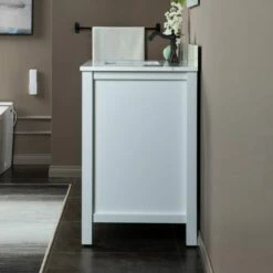 WOODBRIDGE Milan 37" Floor Mounted Single Basin Vanity Set With Solid Wood Cabinet In White And Engineered Stone Composite Vanity Top In Fish Belly White With Pre-installed Undermount Rectangle Bathroom Sink In White And Pre-Drilled 3-Hole For 8-inch Wid -Woodbridgebath Shop 623add60ae5fb thumb 600x600