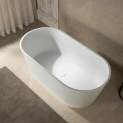 WOODBRIDGE 59 In. X 29 In. Luxury Contemporary Solid Surface Freestanding Bathtub In Matte White -Woodbridgebath Shop 6242bf5eb8d05 thumb 600x600