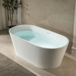 WOODBRIDGE 59 In. X 29 In. Luxury Contemporary Solid Surface Freestanding Bathtub In Matte White -Woodbridgebath Shop 6242bf5f8413f thumb 600x600