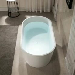 WOODBRIDGE 59 In. X 29 In. Luxury Contemporary Solid Surface Freestanding Bathtub In Matte White -Woodbridgebath Shop 6242bf664c6bf thumb 600x600