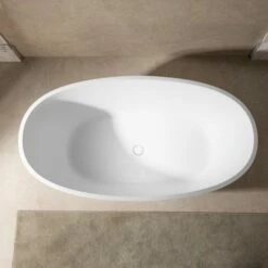 WOODBRIDGE 55 In. X 29.5 In. Luxury Contemporary Solid Surface Freestanding Bathtub In Matte White -Woodbridgebath Shop 6242c5fe69d4a thumb 600x600