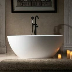 WOODBRIDGE 59 In. X 30.75 In. Luxury Contemporary Solid Surface Freestanding Bathtub In Matte White -Woodbridgebath Shop 6242c94a59030 thumb 600x600