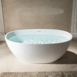 WOODBRIDGE 59 In. X 30.75 In. Luxury Contemporary Solid Surface Freestanding Bathtub In Matte White -Woodbridgebath Shop 6242c94c8410d thumb 600x600