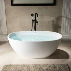 WOODBRIDGE 59 In. X 30.75 In. Luxury Contemporary Solid Surface Freestanding Bathtub In Matte White -Woodbridgebath Shop 6242c94f20a6b thumb 600x600