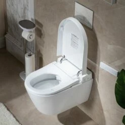 WOODBRIDGE Intelligent Compact Elongated Dual-flush Wall Hung Toilet With Bidet Wash Function, Heated Seat & Dryer. Matching Concealed Tank System And White Marble Stone Slim Flush Plates Included.LT611 + SWHT611+FP611-WH -Woodbridgebath Shop 62441722bd1ac thumb 600x600