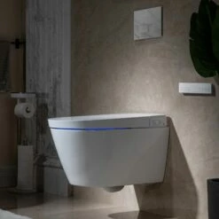 WOODBRIDGE Intelligent Compact Elongated Dual-flush Wall Hung Toilet With Bidet Wash Function, Heated Seat & Dryer. Matching Concealed Tank System And White Marble Stone Slim Flush Plates Included.LT611 + SWHT611+FP611-WH -Woodbridgebath Shop 624417263e92d thumb 600x600