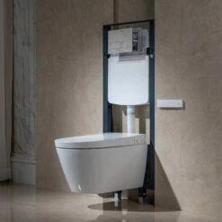 WOODBRIDGE Intelligent Compact Elongated Dual-flush Wall Hung Toilet With Bidet Wash Function, Heated Seat & Dryer. Matching Concealed Tank System And White Marble Stone Slim Flush Plates Included.LT611 + SWHT611+FP611-WH -Woodbridgebath Shop 6244172c9891d thumb 600x600