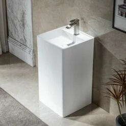 WOODBRIDGE 17-3/4 X 17-3/4" X 35-5/8" Contemporary One Piece Solid Surface Pedestal Bathroom Sink With Single Faucet Hole And Overflow -Woodbridgebath Shop 624fef22b87ab thumb 600x600