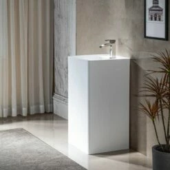 WOODBRIDGE 17-3/4 X 17-3/4" X 35-5/8" Contemporary One Piece Solid Surface Pedestal Bathroom Sink With Single Faucet Hole And Overflow -Woodbridgebath Shop 624fef268b90d thumb 600x600