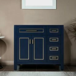 WOODBRIDGE Milan 36"x21"x33" Solid Wood Bath Vanities Cabinet Only With Drawers On Right, Without Top, Navy Blue, Milan 3621R-NB