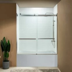 WOODBRIDGE Frameless Bathtub Shower Doors 56-60" Width X 62"Height With 5/16"(8mm) Clear Tempered Glass, 2 Ways Opening & Double Sliding In Brushed Nickel Finish