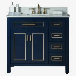 WOODBRIDGE Milan 37" Floor Mounted Single Basin Vanity Set With Solid Wood Cabinet In Navy Blue And Engineered Stone Composite Vanity Top In Carrara White With Pre-installed Undermount Rectangle Bathroom Sink In White And Pre-Drilled 3-Hole For 8-inch Wi -Woodbridgebath Shop 626b97e042fb6 thumb 600x600