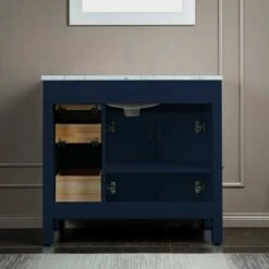 WOODBRIDGE Milan 37" Floor Mounted Single Basin Vanity Set With Solid Wood Cabinet In Navy Blue, And Carrara White Marble Vanity Top With Pre-installed Undermount Rectangle Bathroom Sink In White, Pre-Drilled 3-Hole For 8-inch Widespread Faucet -Woodbridgebath Shop 626b98e57279d thumb 600x600