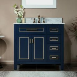 WOODBRIDGE Milan 37" Floor Mounted Single Basin Vanity Set With Solid Wood Cabinet In Navy Blue, And Carrara White Marble Vanity Top With Pre-installed Undermount Rectangle Bathroom Sink In White, Pre-Drilled 3-Hole For 8-inch Widespread Faucet