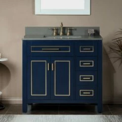 WOODBRIDGE Milan 37" Floor Mounted Single Basin Vanity Set With Solid Wood Cabinet In Navy Blue And Engineered Stone Composite Vanity Top In Fish Belly White With Pre-installed Undermount Rectangle Bathroom Sink In White And Pre-Drilled 3-Hole For 8-inch
