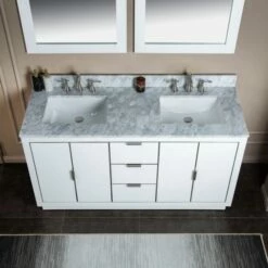 WOODBRIDGE Venice 60"x21"x33" Solid Wood Bath Vanities Side Cabinet In White With Brushed Nickel Trim And Carrara Marble Vanity Top Cabinet With 3 Pre-Drilled Holes For 8-inch Widespread Faucet. -Woodbridgebath Shop 62b18ffdc398b thumb 600x600
