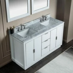 WOODBRIDGE Venice 60"x21"x33" Solid Wood Bath Vanities Side Cabinet In White With Brushed Nickel Trim And Carrara Marble Vanity Top Cabinet With 3 Pre-Drilled Holes For 8-inch Widespread Faucet. -Woodbridgebath Shop 62b18ffe50a2e thumb 600x600