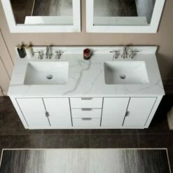 WOODBRIDGE Venice 60"x21"x33" Solid Wood Bath Vanities Side Cabinet In White With Brushed Nickel Trim And Engineered Stone Composite Vanity Top In Fish Belly White With 3 Pre-Drilled Holes For 8-inch Widespread Faucet. -Woodbridgebath Shop 62b2783ec6420 thumb 600x600