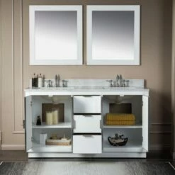 WOODBRIDGE Venice 60"x21"x33" Solid Wood Bath Vanities Side Cabinet In White With Brushed Nickel Trim And Engineered Stone Composite Vanity Top In Fish Belly White With 3 Pre-Drilled Holes For 8-inch Widespread Faucet. -Woodbridgebath Shop 62b27841611b7 thumb 600x600
