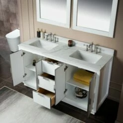 WOODBRIDGE Venice 60"x21"x33" Solid Wood Bath Vanities Side Cabinet In White With Brushed Nickel Trim And Engineered Stone Composite Vanity Top In Fish Belly White With 3 Pre-Drilled Holes For 8-inch Widespread Faucet. -Woodbridgebath Shop 62b27843cc6be thumb 600x600