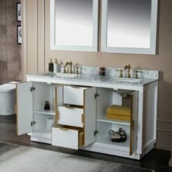 WOODBRIDGE Venice 60"x21"x33" Solid Wood Bath Vanities Side Cabinet In White With Gold Trim And Carrara Marble Vanity Top Cabinet With 3 Pre-Drilled Holes For 8-inch Widespread Faucet. -Woodbridgebath Shop 62b2798628380 thumb 600x600