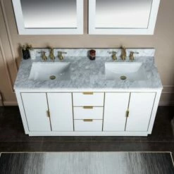 WOODBRIDGE Venice 60"x21"x33" Solid Wood Bath Vanities Side Cabinet In White With Gold Trim And Carrara Marble Vanity Top Cabinet With 3 Pre-Drilled Holes For 8-inch Widespread Faucet. -Woodbridgebath Shop 62b27986567bd thumb 600x600