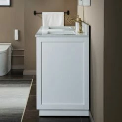 WOODBRIDGE Venice 60"x21"x33" Solid Wood Bath Vanities Side Cabinet In White With Gold Trim And Carrara Marble Vanity Top Cabinet With 3 Pre-Drilled Holes For 8-inch Widespread Faucet. -Woodbridgebath Shop 62b27988dffe5 thumb 600x600