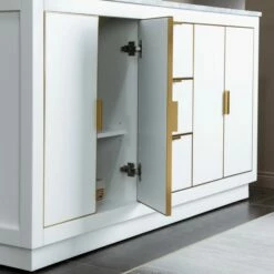 WOODBRIDGE Venice 60"x21"x33" Solid Wood Bath Vanities Side Cabinet In White With Gold Trim And Carrara Marble Vanity Top Cabinet With 3 Pre-Drilled Holes For 8-inch Widespread Faucet. -Woodbridgebath Shop 62b2798e2f57f thumb 600x600