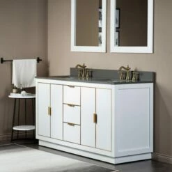 WOODBRIDGE Venice 60"x21"x33" Solid Wood Bath Vanities Side Cabinet In White With Gold Trim And Engineered Stone Composite Vanity Top In Dark Gray With 3 Pre-Drilled Holes For 8-inch Widespread Faucet. -Woodbridgebath Shop 62b27a4290179 thumb 600x600