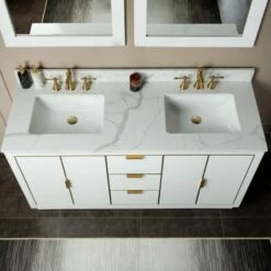 WOODBRIDGE Venice 60"x21"x33" Solid Wood Bath Vanities Side Cabinet In White With Gold Trim And Engineered Stone Composite Vanity Top In Fish Belly White With 3 Pre-Drilled Holes For 8-inch Widespread Faucet. -Woodbridgebath Shop 62b27ab15d508 thumb 600x600