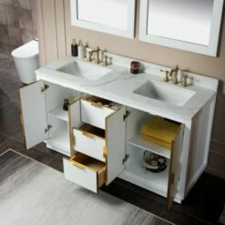 WOODBRIDGE Venice 60"x21"x33" Solid Wood Bath Vanities Side Cabinet In White With Gold Trim And Engineered Stone Composite Vanity Top In Fish Belly White With 3 Pre-Drilled Holes For 8-inch Widespread Faucet. -Woodbridgebath Shop 62b27ab1e92da thumb 600x600