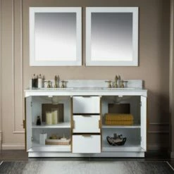 WOODBRIDGE Venice 60"x21"x33" Solid Wood Bath Vanities Side Cabinet In White With Gold Trim And Engineered Stone Composite Vanity Top In Fish Belly White With 3 Pre-Drilled Holes For 8-inch Widespread Faucet. -Woodbridgebath Shop 62b27ab2f292a thumb 600x600