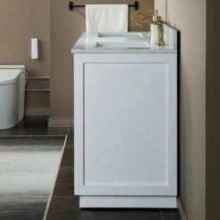 WOODBRIDGE Venice 60"x21"x33" Solid Wood Bath Vanities Side Cabinet In White With Gold Trim And Engineered Stone Composite Vanity Top In Fish Belly White With 3 Pre-Drilled Holes For 8-inch Widespread Faucet. -Woodbridgebath Shop 62b27ab479c3b thumb 600x600
