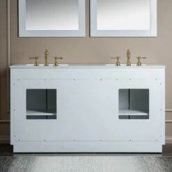 WOODBRIDGE Venice 60"x21"x33" Solid Wood Bath Vanities Side Cabinet In White With Gold Trim And Engineered Stone Composite Vanity Top In Fish Belly White With 3 Pre-Drilled Holes For 8-inch Widespread Faucet. -Woodbridgebath Shop 62b27abbdd38c thumb 600x600