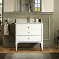 WOODBRIDGE Roma 31"x22"x38" Solid Wood Bath Vanity In White With Gold Hardware And Carrara Marble Top With Pre-Drilled Hole For Single Hole Faucet, Roma-3021-White+CAVT3122D-1