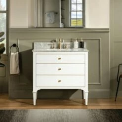 WOODBRIDGE Roma 31"x22"x38" Solid Wood Bath Vanity In White With Gold Hardware And Carrara Marble Top With 3 Pre-Drilled Holes, Roma-3021-White+CAVT3122D-8