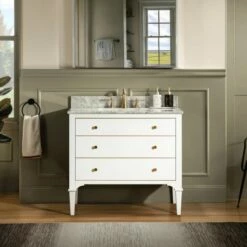 WOODBRIDGE Roma 37"x22"x38" Solid Wood Bath Vanity In White With Gold Hardware And Carrara Marble Top With 3 Pre-Drilled Holes, Roma-3621-White+CAVT3722D-8