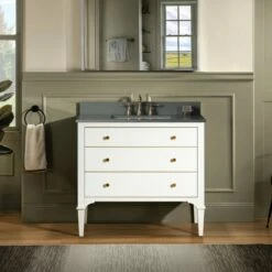 WOODBRIDGE Roma 37"x22"x38" Solid Wood Bath Vanity In White With Gold Hardware And Dark Gray Engineered Stone Composite Vanity Top With 3 Pre-Drilled Holes, Roma-3621-White+DGVT3722D-8
